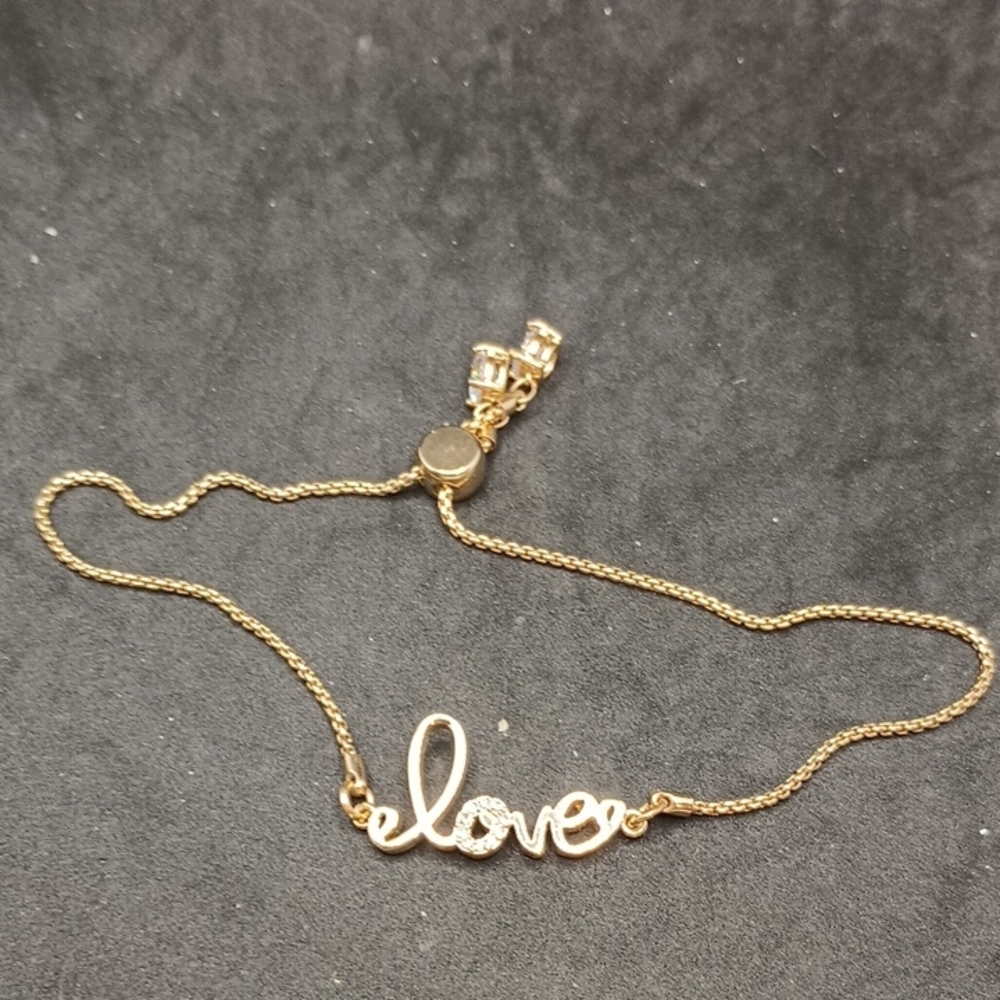 Gold Delicate "Love" Bracelet With White Rhinestones